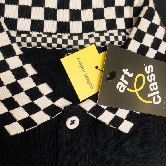 Black & White Checkered Collar Long Sleeve Polo - Picture 3 of 3